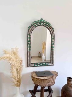 a table with a laptop on it in front of a mirror Frame Mirror Bathroom, Mirror Arch, Arch Wall Mirror, Mirror Living Room, Living Room Mirror, Moroccan Mirror, Mirror Home Decor, Powder Bathroom, Mirror Bedroom