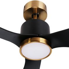 a black and gold ceiling fan with a light on it