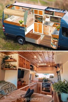 the interior and exterior of an rv that has been converted into a tiny home with wood paneling