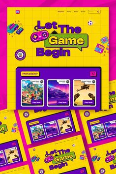 the game is being displayed in front of a yellow and purple background with colorful images