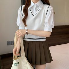 Material : Polyester, Cotton Style : Preppy Style Size (cm) Shoulder Chest Width Sleeve Length Length One Size 36 78-108 30 43 Size (inch) Shoulder Chest Width Sleeve Length Length One Size 14.17 30.71-42.52 11.81 16.93 Fitted Collared Preppy Shirt, White Collared Preppy Shirt, White Kawaii Sweater For Spring, White Kawaii Spring Sweater, Preppy Plaid Collared Top, Mesh Sweater, Preppy Plaid, Elegant Mini Dress, Plaid Sweater