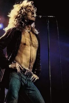 a man with long hair and no shirt standing in front of a microphone on stage