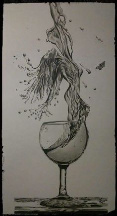 a drawing of a woman sitting on top of a wine glass with water pouring out of it