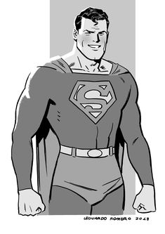 a black and white drawing of a man in a superman suit with his hands on his hips