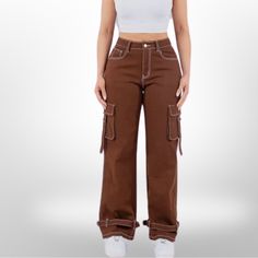 High Waist Straight Cargo Pants Cotton 97% Spandex 3% No Stretch Fitted High Rise Bottoms With Cargo Pockets, Stretch High Waist Cargo Pants With Belt Loops, Fitted Wide Leg Utility Bottoms, Fitted High-rise Bottoms With Cargo Pockets, Stretch Trendy Cargo Pants, Trendy Stretch Cargo Pants With Belt Loops, Utility Style High Waist Brown Bottoms, Fitted High Rise Utility Bottoms, High Rise Fitted Pants With Cargo Pockets