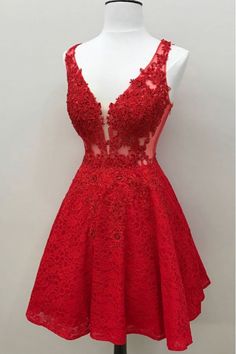 Cute Red Lace Appliques Short V Neck Sleeveless Mini Dc14 Prom Dresses Red Lace Prom Dress, Red Homecoming Dresses, Cheap Homecoming Dresses, Graduation Dresses, Lace Homecoming Dresses, Short Prom Dress, Short Prom, Applique Dress, Prom Dresses Lace