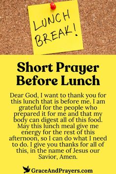 a yellow post it note with the words short prayer before lunch written in black ink