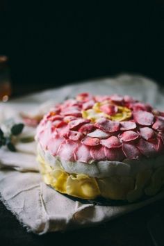 a close up of a cake on a cloth