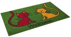 a welcome mat with two cats on it and the words welcome written in red, yellow and green