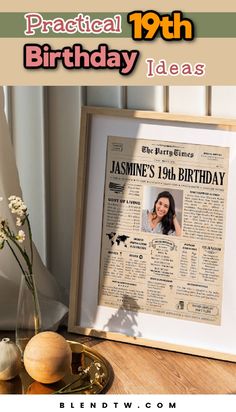 an old newspaper is displayed in front of a vase with flowers on it and the words, practical 19th birthday ideas