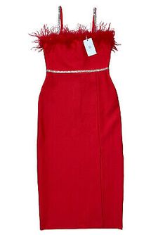 Bella Barnett Bodycon Dress Red Feathered with Leg Slit Size Large  | eBay Bella Barnett, Radiant Red, Red Bodycon Dress, Red Feather, Dress Red, Formal Event, Midi Length, The Dress, Bodycon Dress