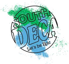 the south beach deca logo is shown in blue, green and white with splats