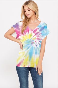 -Soft fabric,casual style,every day wear.-Model size: Small ( 5`10" 31- 23- 34 )-Made in USATie dye,colorful,v neck,dolman Made In UNITED STATES POLYESTER 95%, SPANDEX 5% Short Sleeve Top, Tie Dye Top, Soft Fabric, Casual Style, Soft Fabrics, Short Sleeves Tops, Casual Fashion, Every Day, Sleeve Top