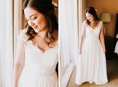 a woman standing in front of a mirror wearing a white dress