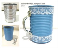 there is a blue mug with lace on it and the bottom has a silver lid