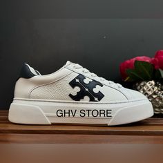 Brand New All Sizes Available Comes With Original Box White With Navy Logo White Calf Leather Sneakers With Removable Insole, Tory Burch Sneakers, Navy Logo, Sneaker Shoes, Shoes Color, Logo Color, Tory Burch Shoes, Leather Sneakers, Tory Burch