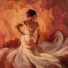 a painting of a woman in a white dress with her back turned to the camera