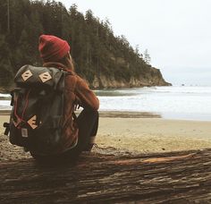 a person sitting on top of a log near the ocean