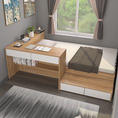 a bedroom with a bed, desk and window overlooking the cityscape on the wall