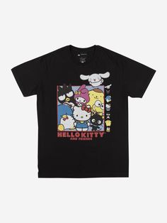 a black hello kitty t - shirt with cartoon characters on it