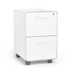 a white file cabinet with two drawers on wheels