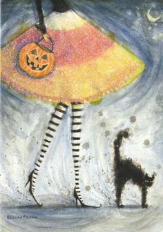 a drawing of a woman in a dress with a pumpkin on her head and a black cat standing next to her