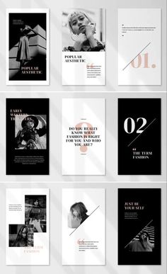 a series of brochures with black and white images