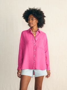 Laguna Linen Relaxed Shirt - Cone Flower | Faherty Brand Unstructured Shirt For Beach In Spring, Unstructured Shirt For Beach And Spring Season, Unstructured Shirt For Beach And Spring, Spring Vacation Unstructured Shirt, Chic Linen Shirt With Shirttail Hem, Unstructured Spring Vacation Shirt, Unstructured Summer Shirt For Daywear, Effortless Relaxed Fit Summer Shirt, Summer Effortless Relaxed Fit Shirt