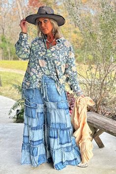 Bohemian Flare Jeans For Fall, Bohemian Wide Leg Jeans For Fall, Bohemian Medium Wash Flare Jeans For Fall, Bohemian Denim Blue Patchwork Bottoms, Bohemian Flare Jeans In Medium Wash For Fall, Bohemian Flare Jeans In Denim Blue For Fall, Bohemian Blue Wide Leg Jeans, Blue Bohemian Wide Leg Jeans, Bohemian Wide Leg Denim Blue Jeans