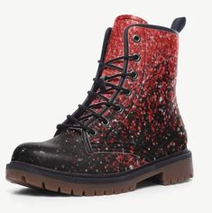 Step into style with our All Too Well Inspired Red and Black Glitter Print Combat Boots Welcome to our shop, where footwear meets fantasy! Immerse yourself in the magic of our lightweight casual vegan leather combat boots, designed to capture the essence of the look from the concert Tour.  With a dazzling red and black gradient glitter print and a retro 90s style, these boots make a fantastic gift for any fan. **Eco-Friendly Sparkle Crafted from eco-friendly leather, our combat boots boast a stunning red and black glitter print that brings the stage look to life. The attention to detail and high-quality print create a look that's both enchanting and timeless. **Comfort Meets Durability These boots are not just for show - they're designed for comfort and durability. The rounded toe ensures Sparkle Crafts, Rhinestone Skirt, Red Era, Girls Unique, All Too Well, Glitter Print, Boot Print, Blue Rhinestones, Black Glitter