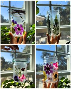 four different pictures of flowers in mason jars with leaves and stems painted on the lids