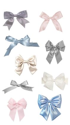 six different types of bows are shown in various colors and sizes, including pink, blue,