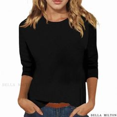 Bellamilton – Round Neck Seven-Quarter Sleeve Solid Color Shirt – Bella Milton Plain Crew Neck Tops For Fall, Stretch Crew Neck Shirt In Solid Color, Fall Crew Neck Plain Blouse, Fall Plain Crew Neck Blouse, Fall Season Plain Crew Neck Blouse, Collared Stretch Solid T-shirt, Single-breasted Relaxed Fit Long Sleeve Tops, Fitted Cotton T-shirt With Raglan Sleeves, Long Sleeve Solid T-shirt With Breathable Fabric