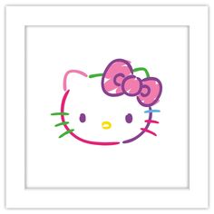 an image of a hello kitty with pink bow on it's head in a white frame