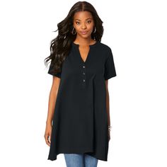 This effortless tunic with button details at the Henley placket and at the hem lends itself to the casual look. Pair it with your favorite leggings or jeans. Favorite Leggings, Oversized Flannel, Big Shirt, Ruffle Long Sleeve, Flowy Blouse, Current Fashion Trends, Ladies Of London, Peplum Blouse, Denim Button Down