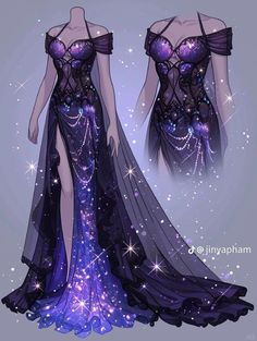 a drawing of a woman in a purple dress with stars on the back and sides