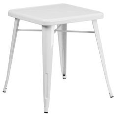 a white square table with metal legs