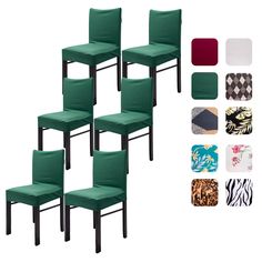 six green chairs with different patterns and colors