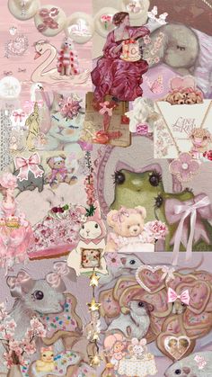 a collage of teddy bears and other items in pinks, whites and greens