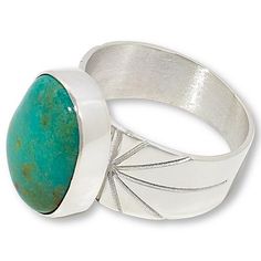 Jay King Sterling Silver Azure Peaks Turquoise Ring  Beautiful blue-green Mongolian turquoise gives this unique, handcrafted sterling silver ring a chic pop of genuine gemstone color. From Jay King.        Approx. 5/8"L x 3/4"W x 5/16"H; shank 1/4"W     Stamped .925     Ring has freeform blue-green turquoise stone bezel-set atop wide band     Tapered shoulders have decorative stamping   Stone Information       All sizes and weights approximate     Stabilized Blue-Green Azure Peaks Turquoise - Fr Turquoise Ring Silver, Color Bands, 925 Ring, Mongolia, Green Turquoise, Wide Bands, Turquoise Jewelry, Turquoise Stone, Gemstone Colors