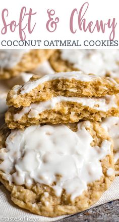 soft and chewy coconut oatmeal cookies with white icing on top