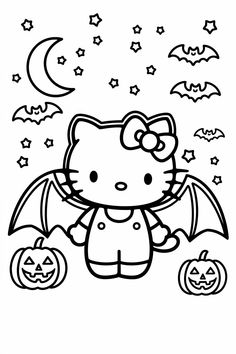 hello kitty halloween coloring pages with pumpkins and bats in the background for kids to color