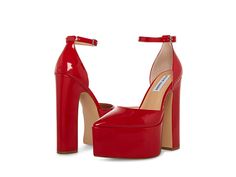 Steve Madden Prompt Pump - Women's Shoes : Red Patent : Lend a chic yet sensual flair to your fun night put look by slipping into the Steve Madden Prompt Pump. Glossy synthetic upper. Synthetic lining with a lightly padded footbed. Adjustable buckle closure on the ankle strap. Closed pointed toe silhouette. Sky high block heel. Durable synthetic outsole. Imported. Measurements: Heel Height: 5 ¾ in; Platform Height: 2 in. Olive Boots, Red Platform Heels, Womens Red Shoes, Steve Madden Pumps, Heels Aesthetic, Pointy Heels, Black Platform Sandals, Red High Heels, Chic Leather