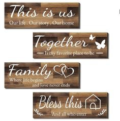 three wooden signs that say, this is us together and the words are in different languages