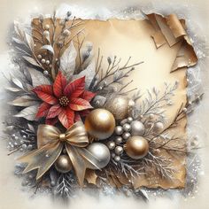 a painting of christmas decorations on a piece of parchment paper with gold and silver ornaments