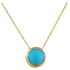 1.50 Carat Turquoise 14K Yellow Gold Necklace Stamped: 14K Total Necklace Weight: 1.4 Grams Length: 16 Inches Turquoise Weight: 1.50 Carat (6.50x6.50 Millimeters) Face Measures: 8.20x8.20 Millimeter SKU: [600187] Elegant Turquoise Necklace With Round Pendant In Yellow Gold, Luxury Gold Turquoise Necklace With Round Beads, Elegant Yellow Gold Turquoise Cabochon Necklace, Elegant Yellow Gold Turquoise Pendant Necklace, Hand-strung Turquoise Necklace Round, 14k Yellow Gold Necklace, La Face, Turquoise Necklace, Gold Necklace