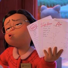 an animated character holding three sheets of paper in front of her face and looking up at the sky