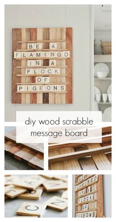 wooden scrabble message board with the words diy wood scrabble message board