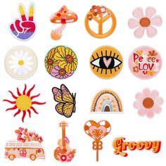 various embroidered patches and stickers on a white background, including flowers, hearts, sunflowers