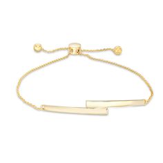 So chic and modern, this bar bolo bracelet complements any attire. Crafted in 10K gold, this on-trend look showcases two tapered bars bypassing at the center. Polished to a bright shine, this cable chain bracelet adjusts up to 9.5 inches in length and secures with a bolo clasp and ball ends. Bolo Bracelet, Peoples Jewellers, 10k Gold, Bracelet Designs, Cable Chain, Yellow Color, Fashion Bracelets, Chain Bracelet, Types Of Metal